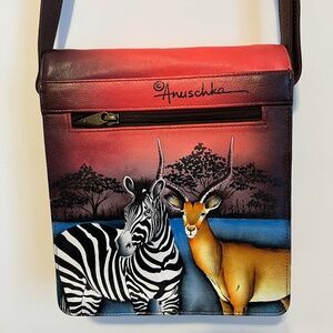 Anuschka Hand-Painted Leather Zebra Safari Crossbody Bag Purse NWOT